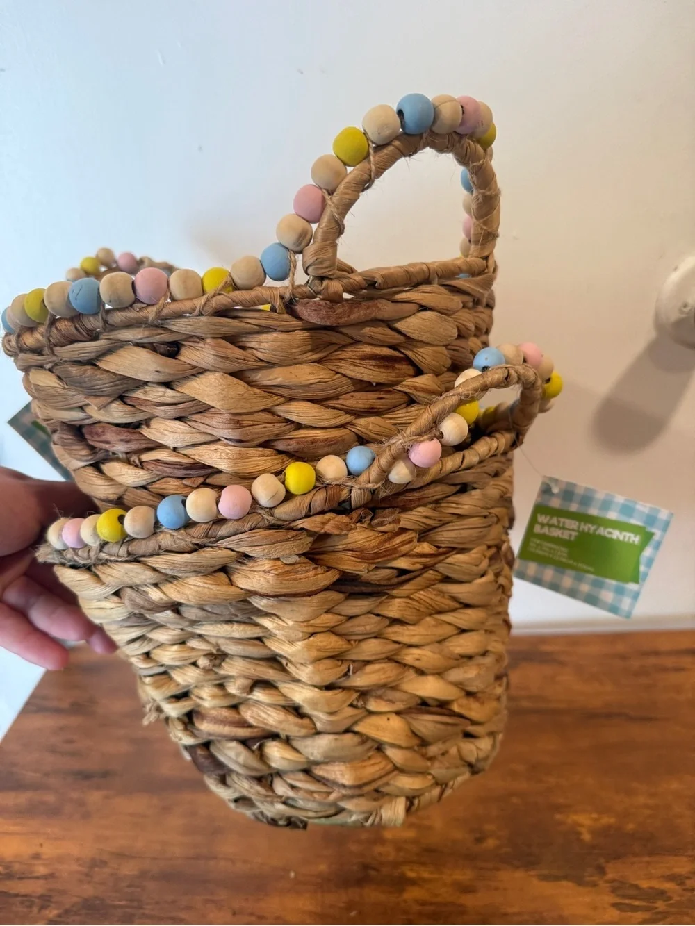 Woven Seagrass Basket Pair with Pastel Bead Trim